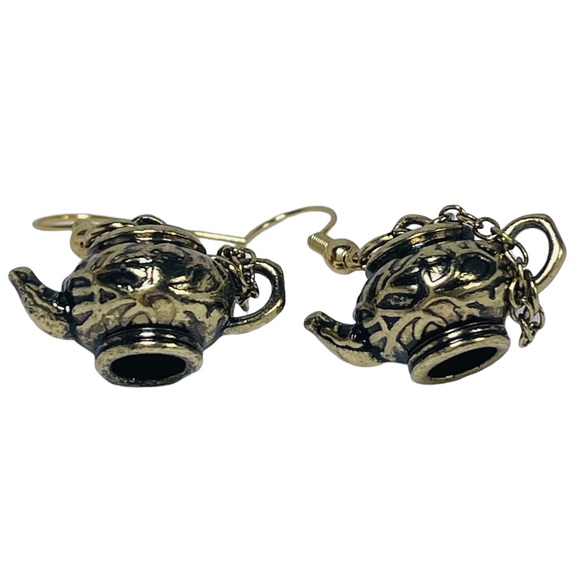 Gold metal tiny teapot dangly earrings NEW - Picture 2 of 6